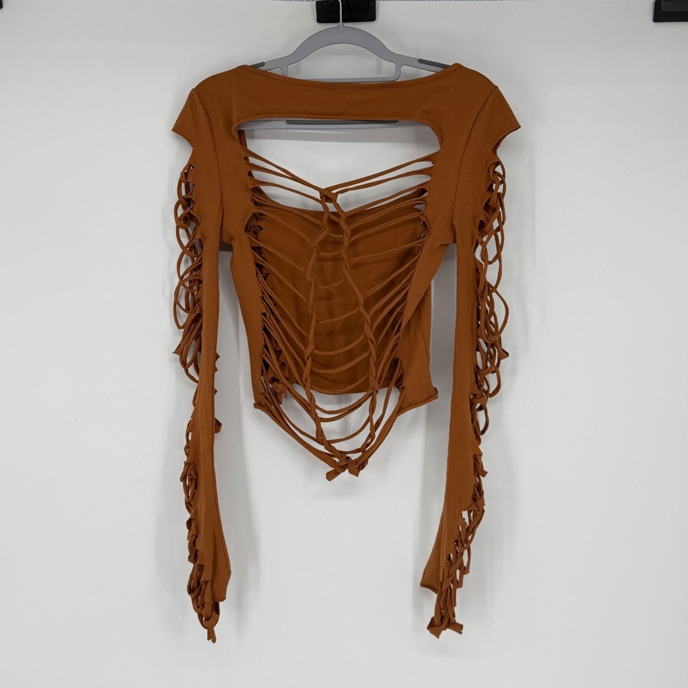 Current Mood Dolls Kill Alternative Spells Shredded Long Sleeve Crop Top XL